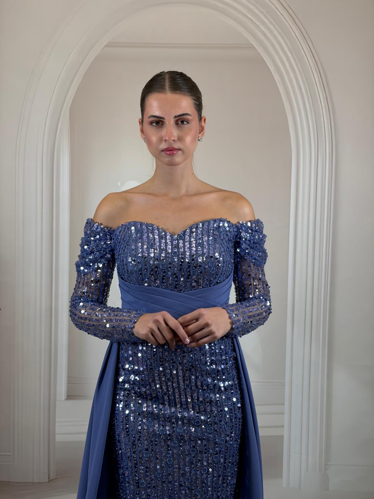 İndigo Mavi Payet İşlemeli Uzun Kollu İndigo Abiye