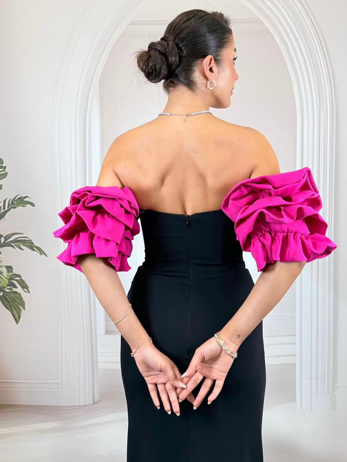 Siyah Beyaz Balon Kollu Taş İşlemeli Abiye