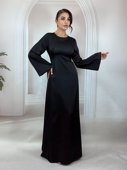 Sırtı Korsajlı İspanyol Kol Siyah Saten Abiye Elbise