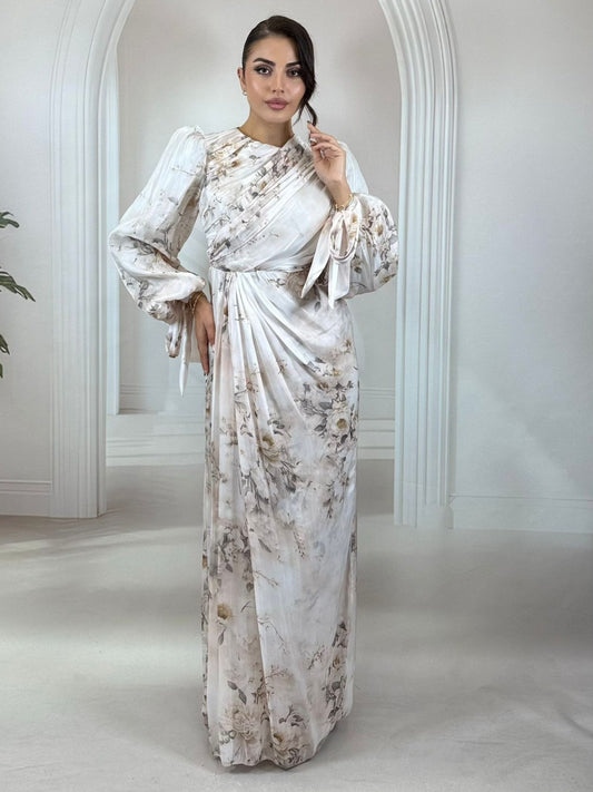 Drapeli ve Balon Kollu Vizon Elbise