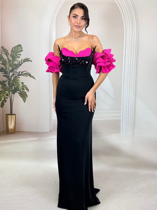 Siyah Fuşya Balon Kollu Taş İşlemeli Abiye