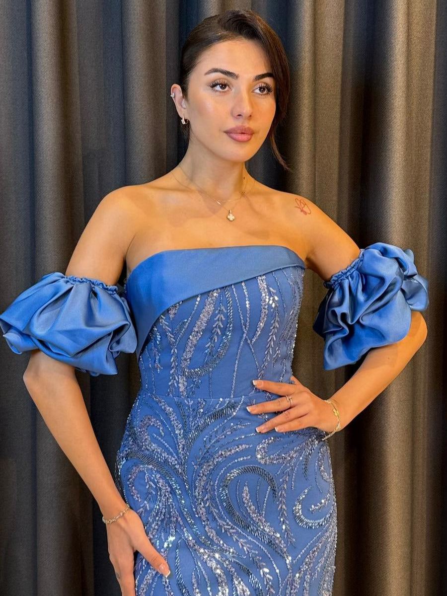 Lacivert Düşük Kol Payet İşlemeli Midi Boy Abiye Elbise