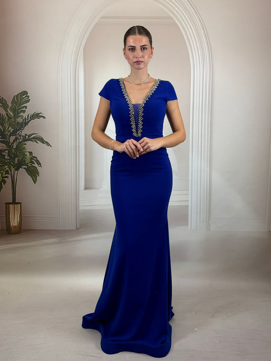 V Yaka Taş İşlemeli Modern Balık Kesim Sax mavisi Abiye