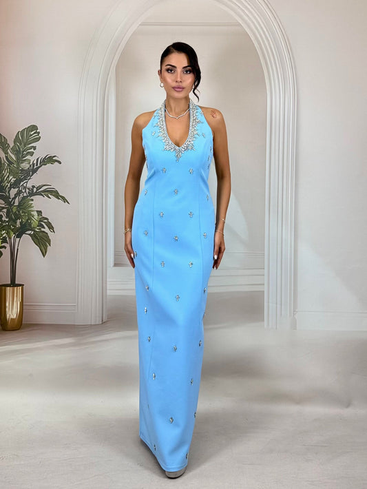 Bebek Mavisi Kristal Taş İşlemeli Halter Yaka Abiye Elbise