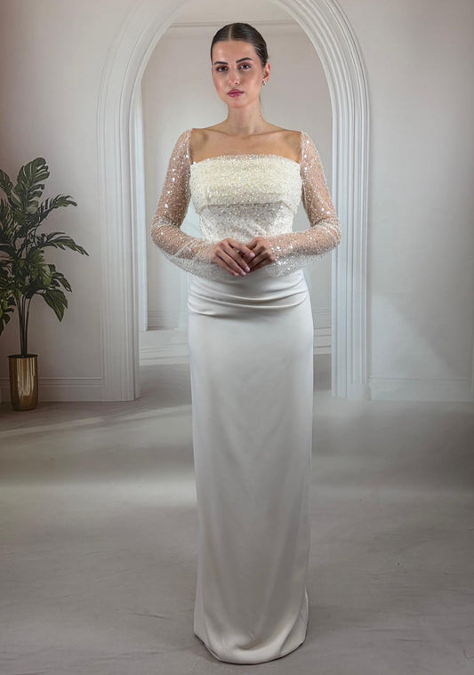 İnci ve Pul İşlemeli Ekru Balık Abiye