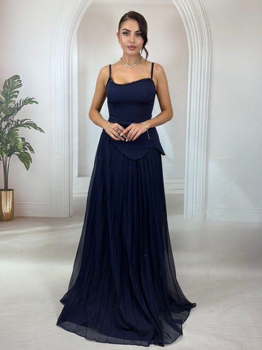 İnce Askılı Boncuk İşlemeli Piliseli Lacivert Abiye Elbise