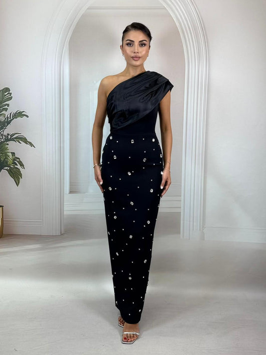 Tek Omuz Organze Detaylı Taş İşlemeli Siyah Abiye