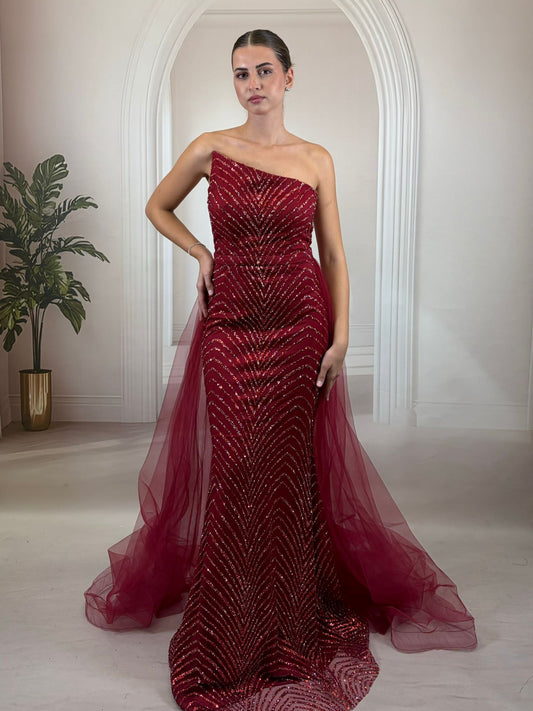 Asimetrik Kesim Bordo Işıltılı Özel Tasarım Abiye