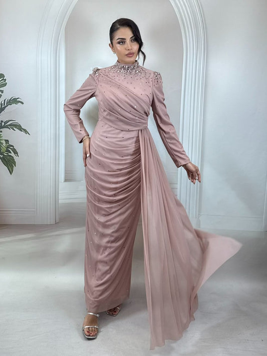Kristal Taş İşlemeli Draperli  Pudra Abiye Elbise