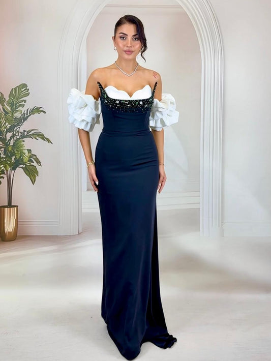 Siyah Beyaz Balon Kollu Taş İşlemeli Abiye