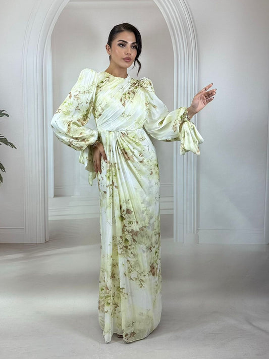 Drapeli ve Balon Kollu Su Yeşili  Elbise