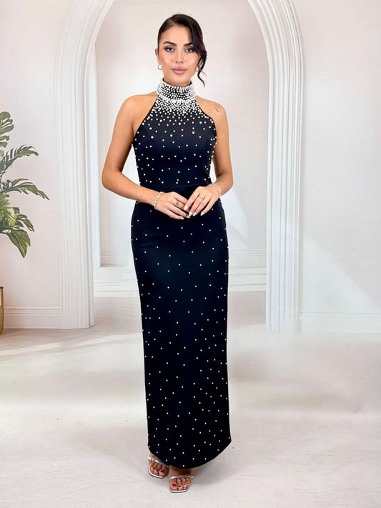 İnci İşlemeli Halter Yaka Siyah Maxi Boy Abiye Elbise