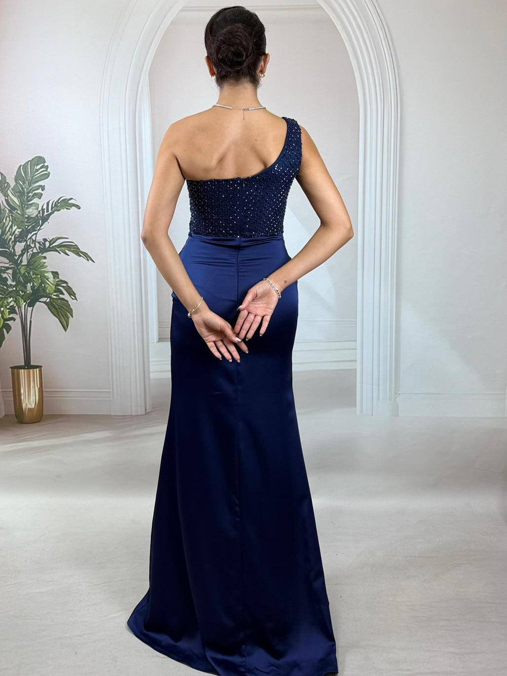 Tek Omuz Payet İşlemeli Zümrüt Yeşili Abiye