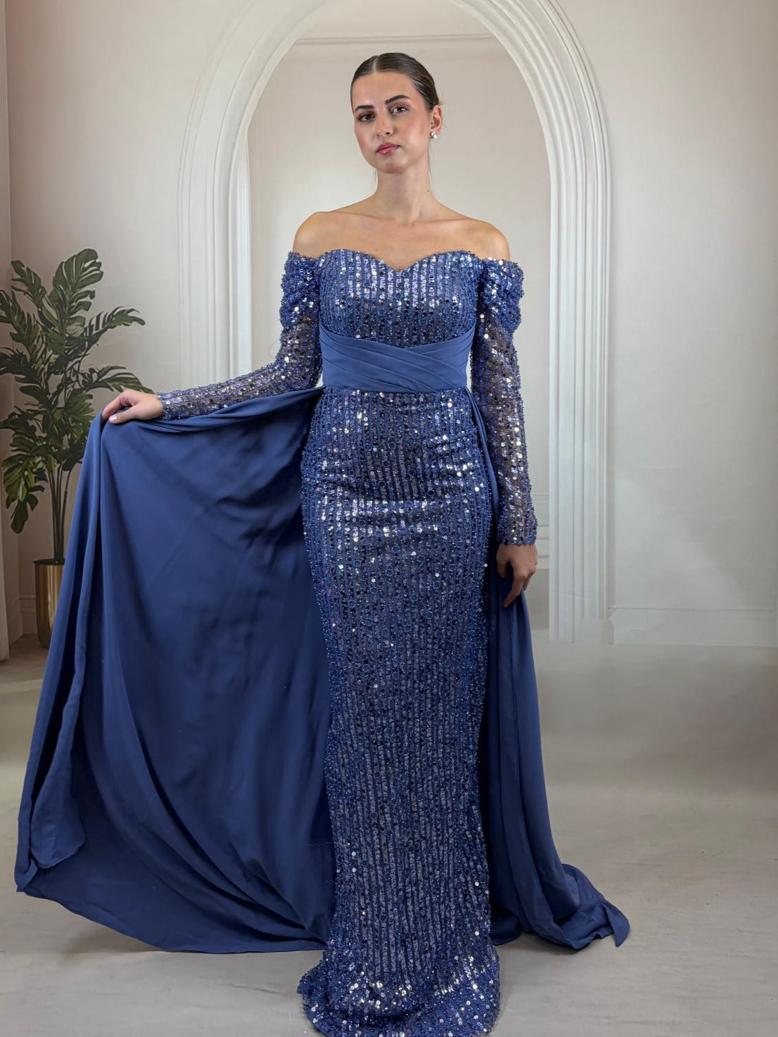 İndigo Mavi Payet İşlemeli Uzun Kollu İndigo Abiye