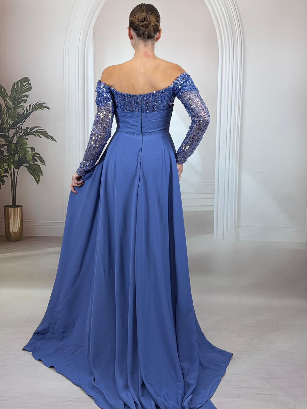 İndigo Mavi Payet İşlemeli Uzun Kollu İndigo Abiye