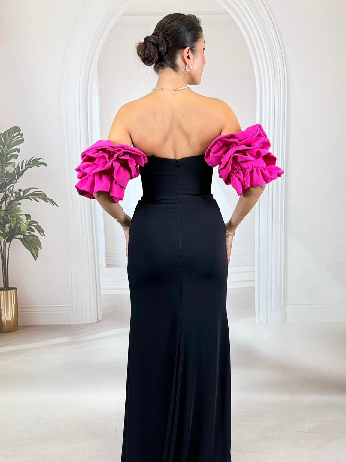 Siyah Beyaz Balon Kollu Taş İşlemeli Abiye