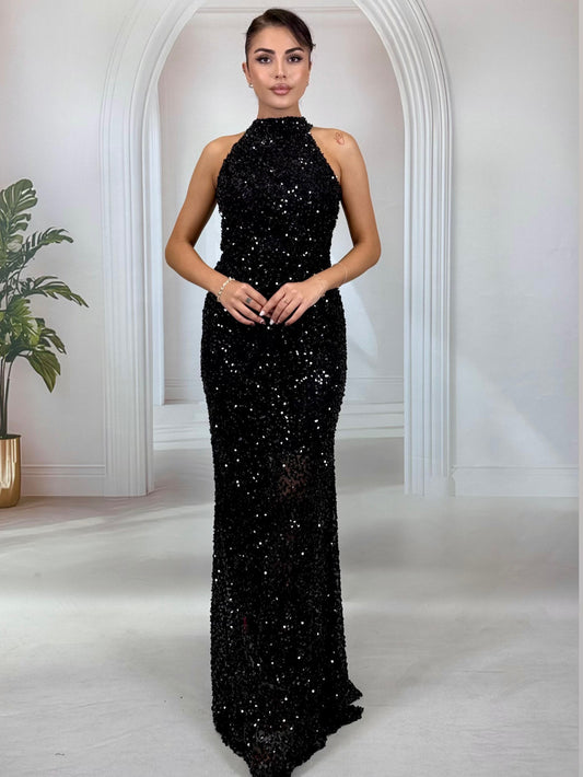 Siyah Tamamı Payetli Halter Yaka Balık Model Abiye