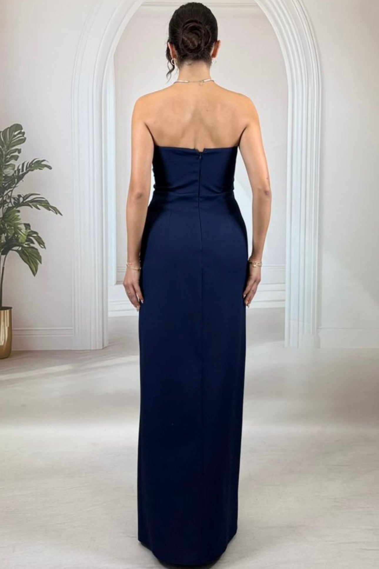 Pudra Straplez Taş İşlemeli Yırtmaçlı Abiye