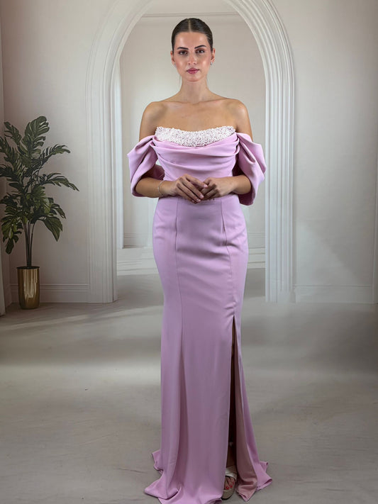 İnci Detaylı Düşük Kol Lila Balık Abiye