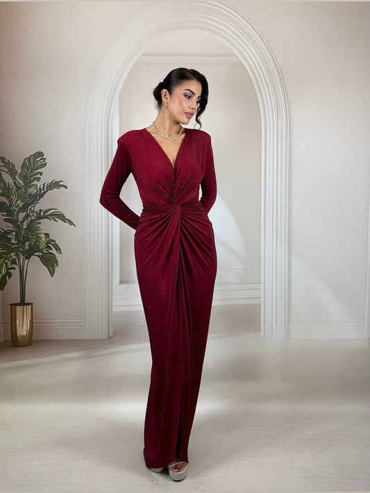 Derin V Yaka Belden Drapeli Bordo Abiye