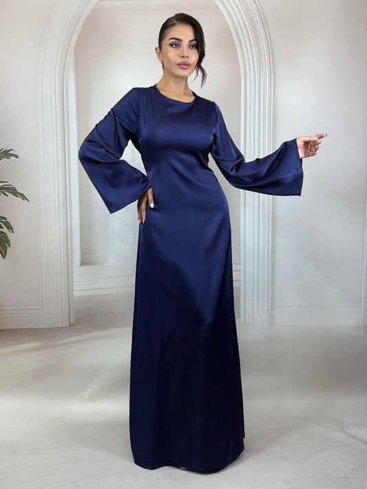 Sırtı Korsajlı İspanyol Kol Lacivert Saten Abiye Elbise