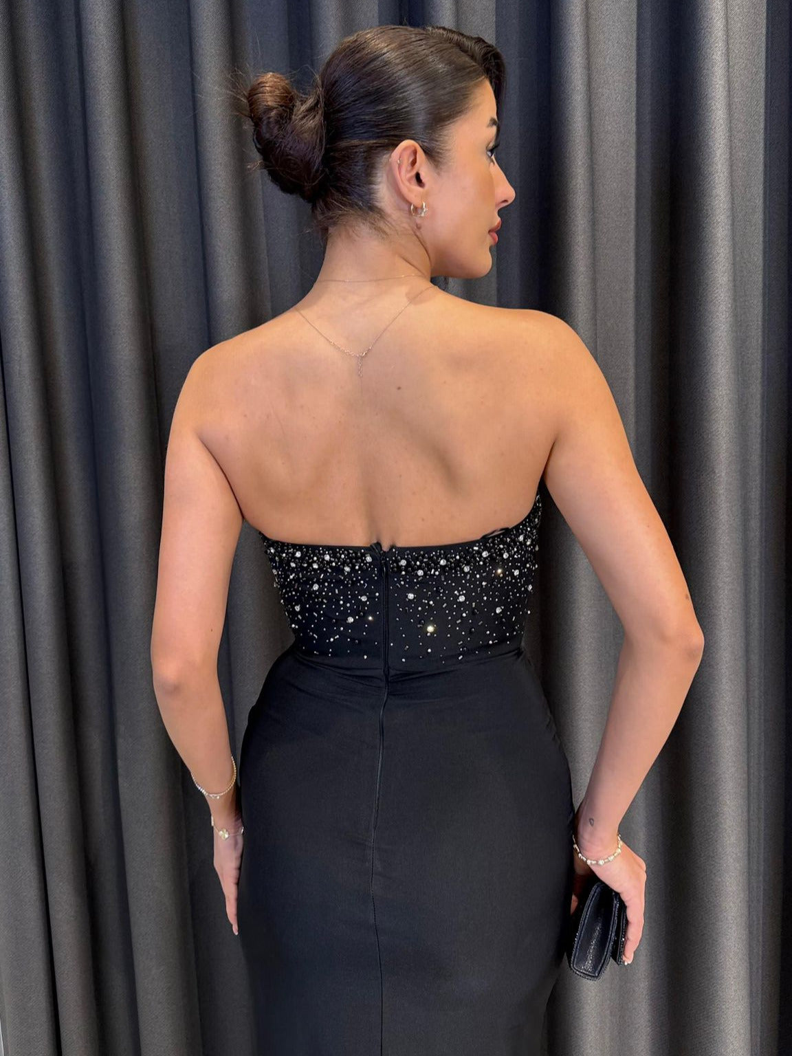 Straplez Taş İşlemeli Haki Yeşili  Esnek Gece Elbisesi