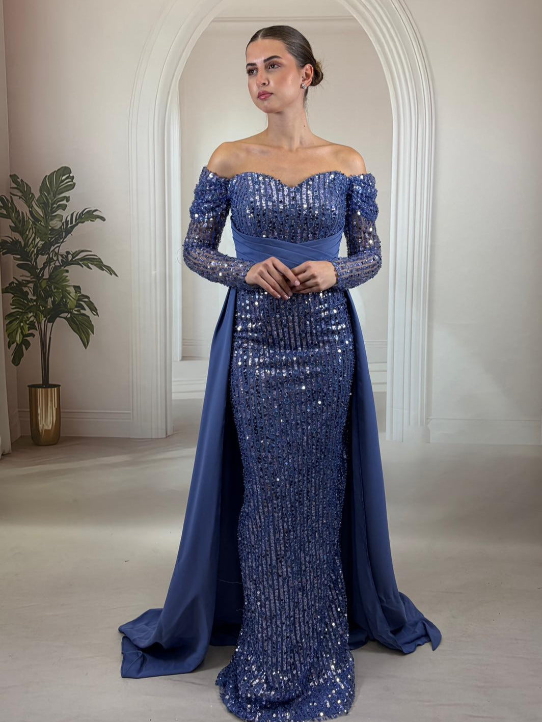 İndigo Mavi Payet İşlemeli Uzun Kollu İndigo Abiye