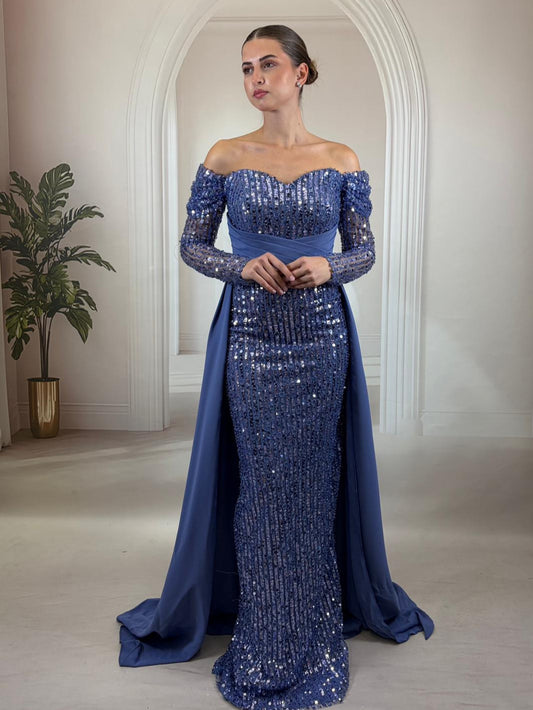 İndigo Mavi Payet İşlemeli Uzun Kollu İndigo Abiye