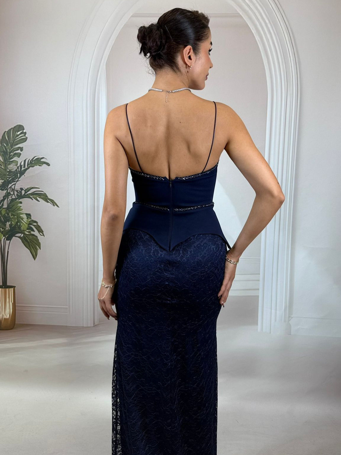 Lacivert  Straplez Peplum Detaylı Dantel Balık Gece Elbisesi