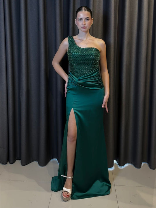 Tek Omuz Payet İşlemeli Zümrüt Yeşili Abiye