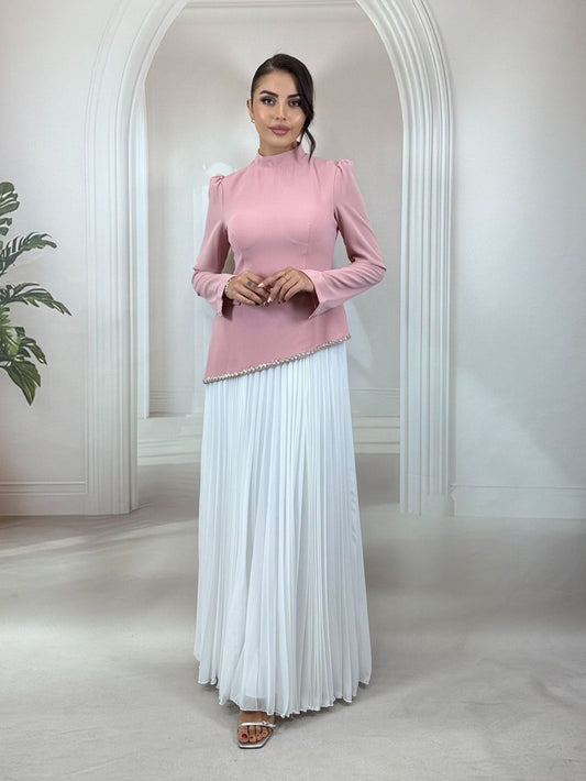 Taş İşlemeli Hakim Yaka ve Piliseli Gülkurusu  Byaz Etekli Abiye