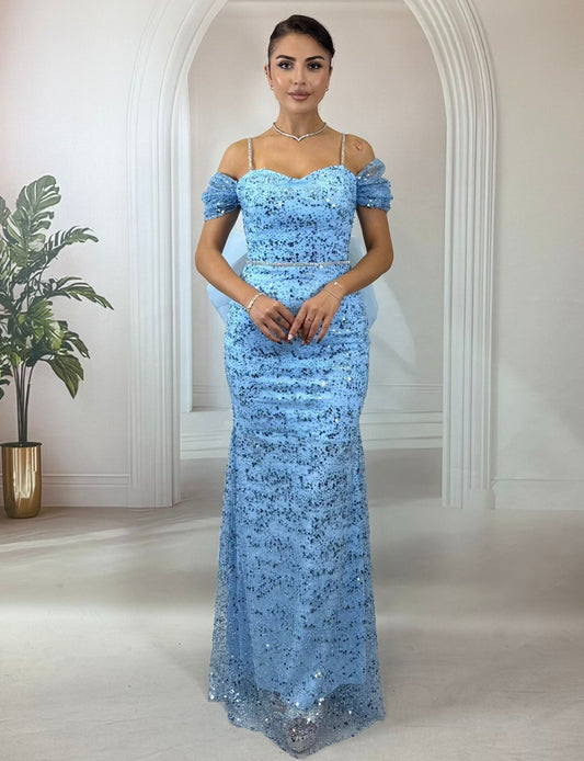 Bebe Mavisi Işıltılı Payet İşlemeli, Düşük Omuz Detaylı Balık Abiye