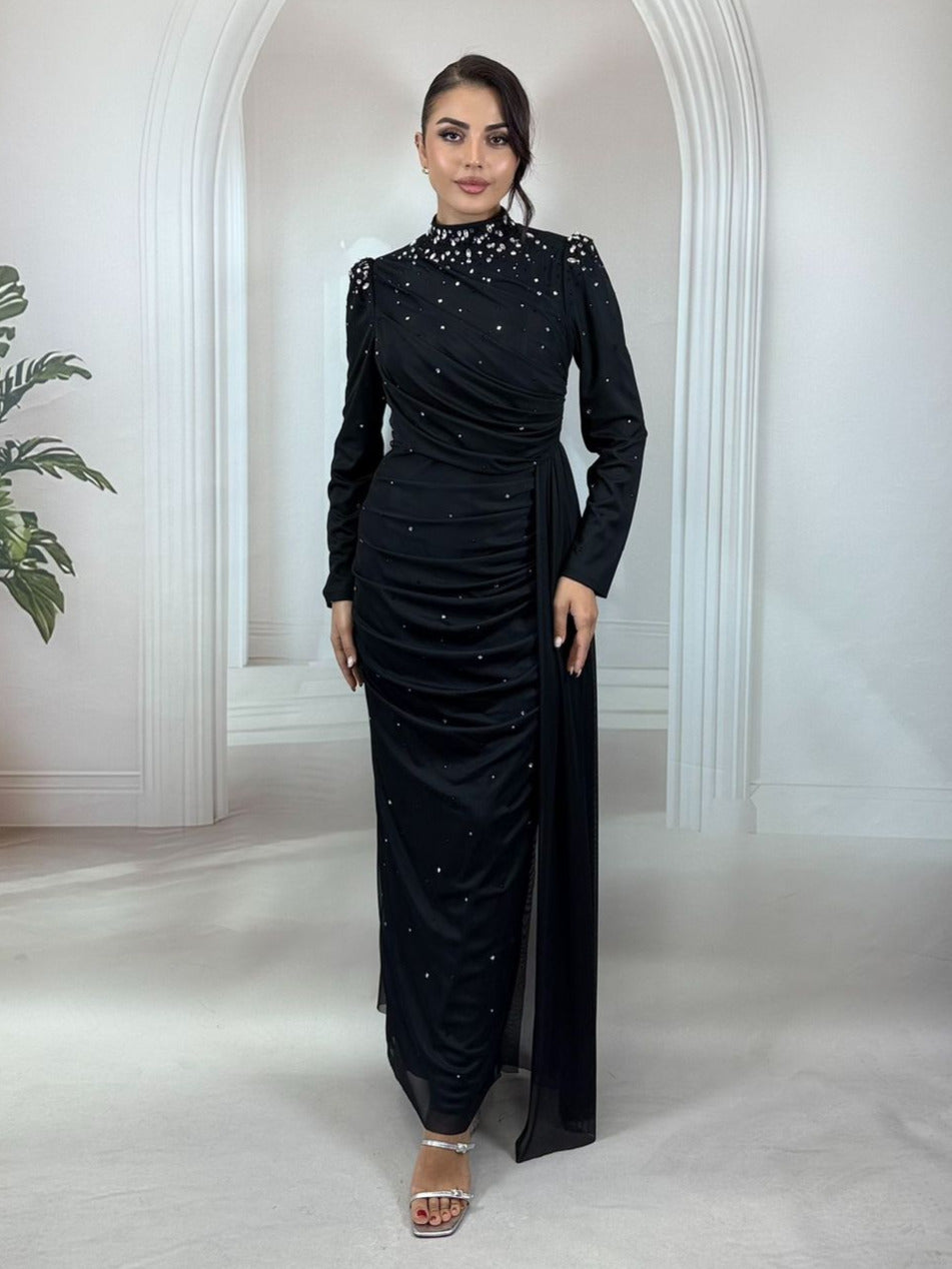 Kristal Taş İşlemeli Draperli  Pudra Abiye Elbise