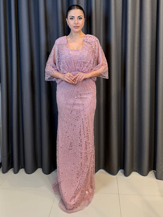 Işıltılı Pudra Pembe Payet İşlemeli Pelerin Kollu Abiye