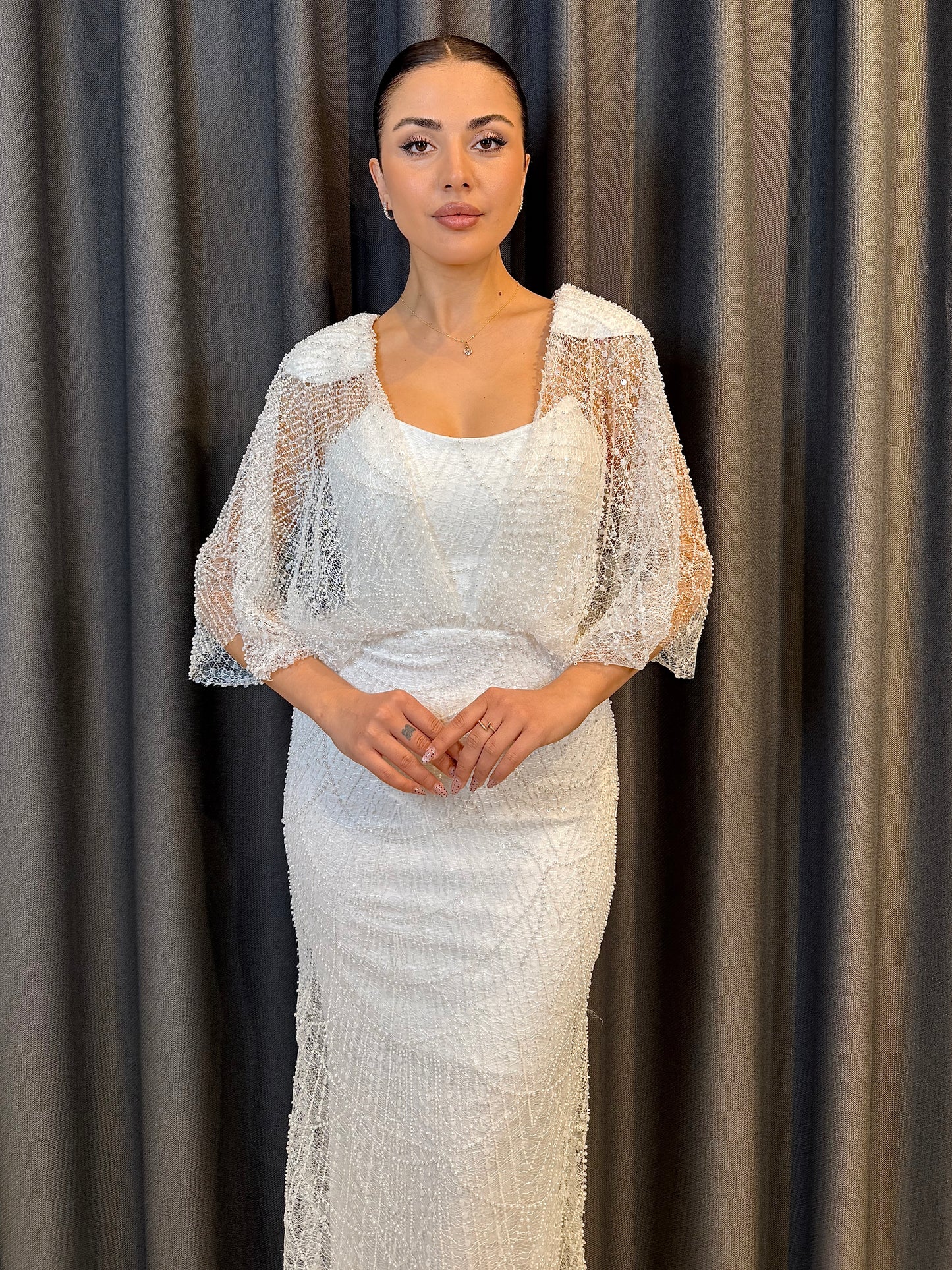 Işıltılı Pudra Pembe Payet İşlemeli Pelerin Kollu Abiye