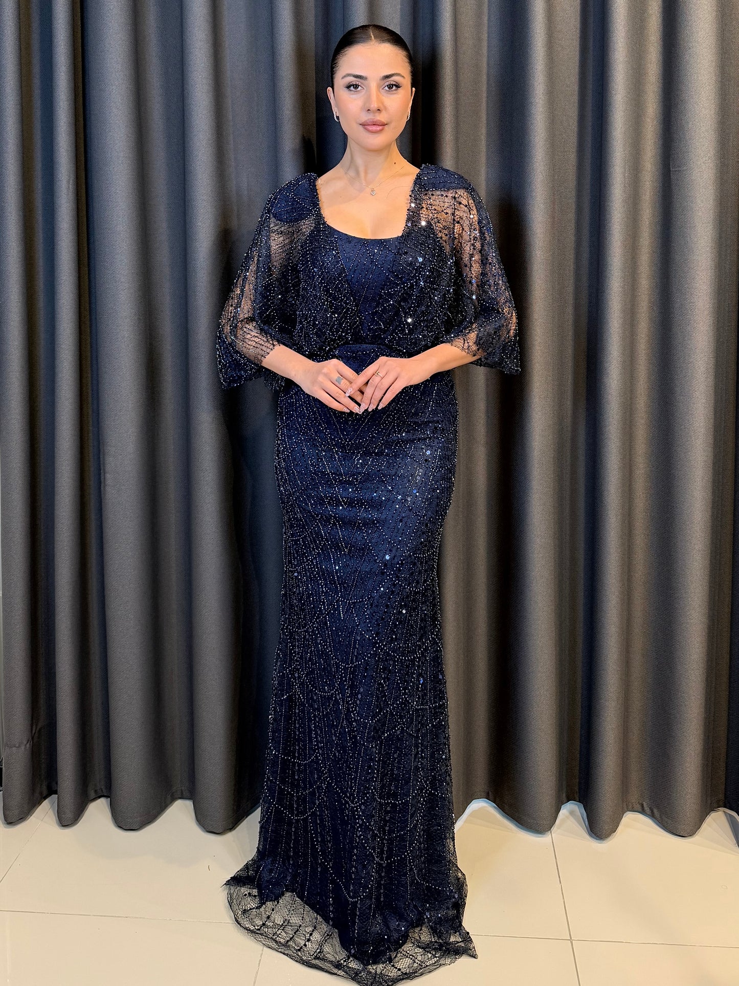 Işıltılı Pudra Pembe Payet İşlemeli Pelerin Kollu Abiye