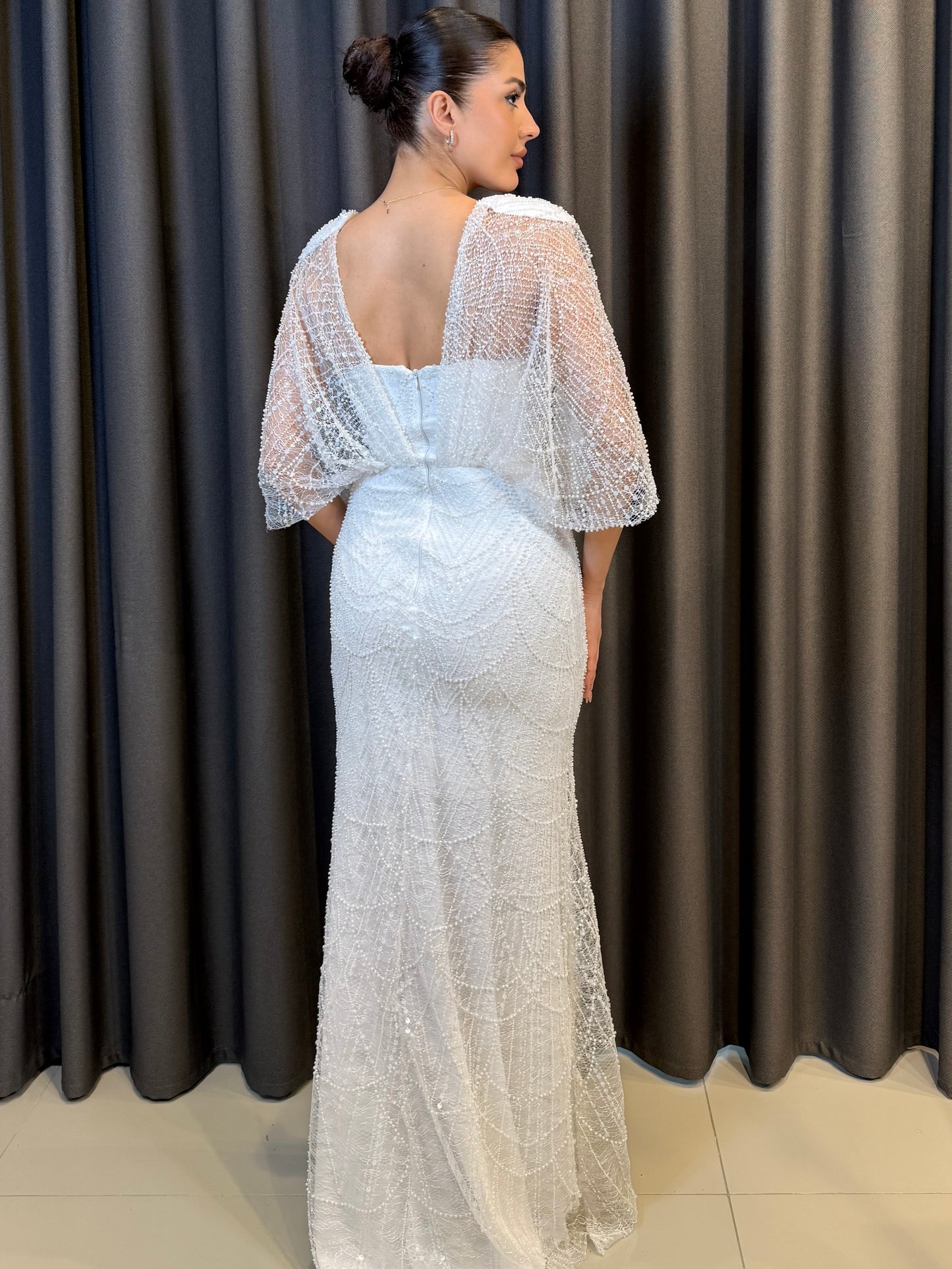 Işıltılı Pudra Pembe Payet İşlemeli Pelerin Kollu Abiye