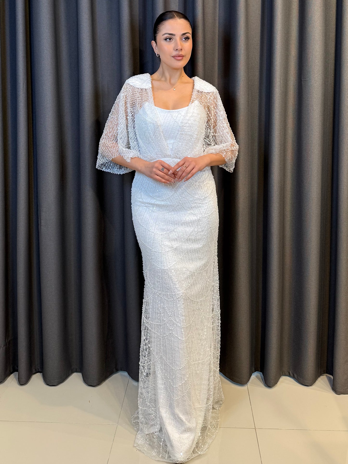 Işıltılı Pudra Pembe Payet İşlemeli Pelerin Kollu Abiye