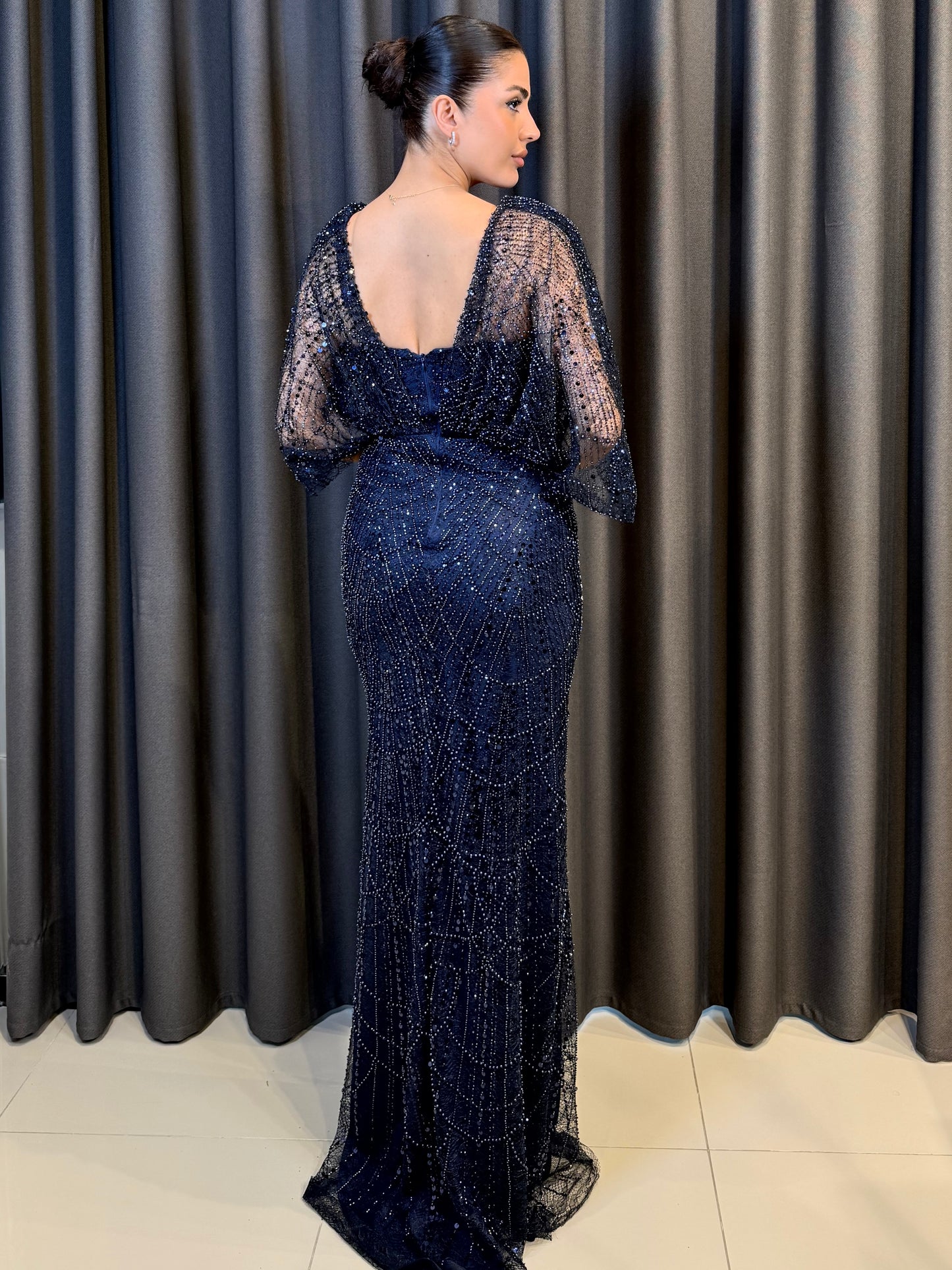 Işıltılı Pudra Pembe Payet İşlemeli Pelerin Kollu Abiye