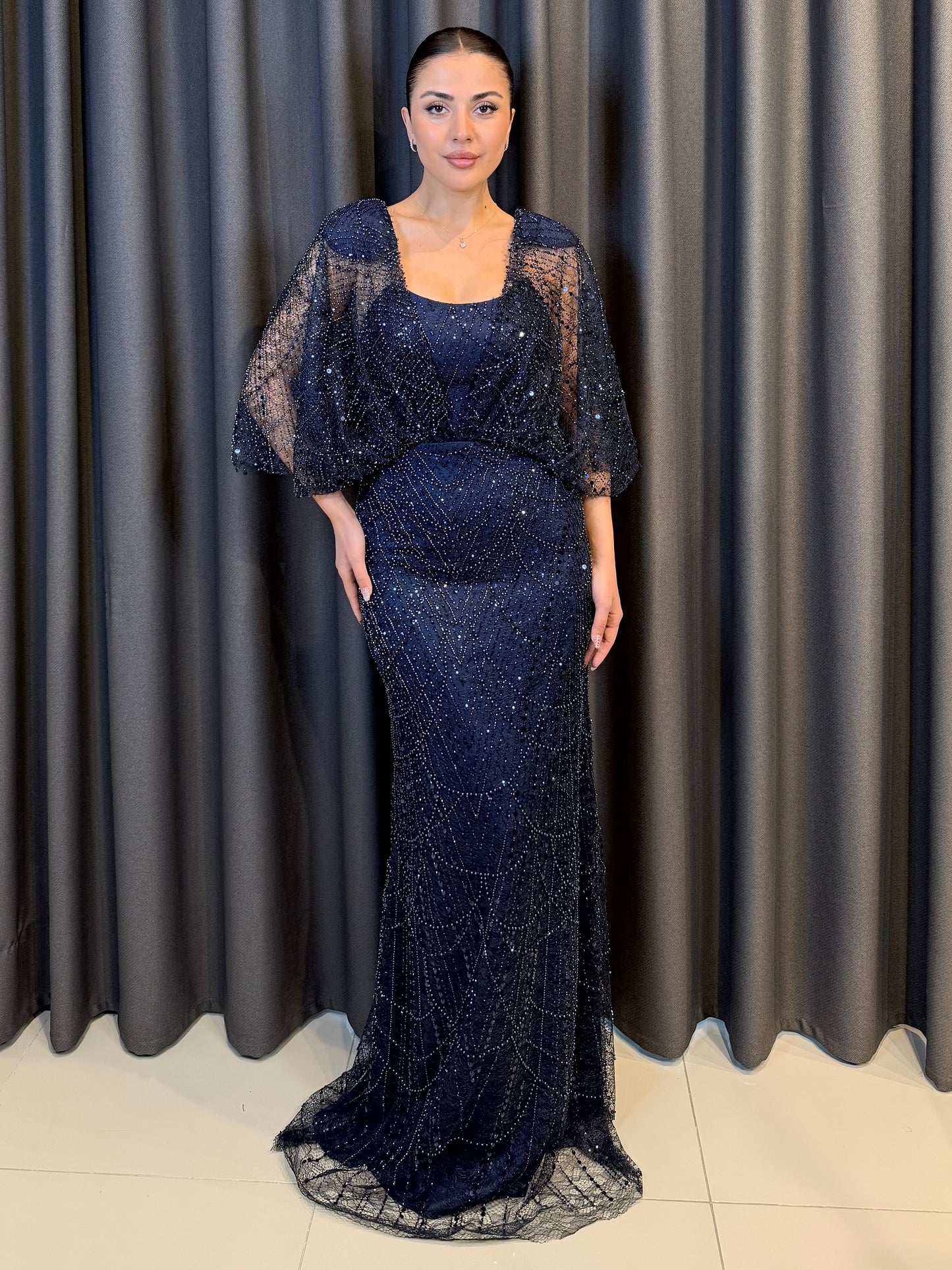 Işıltılı Pudra Pembe Payet İşlemeli Pelerin Kollu Abiye