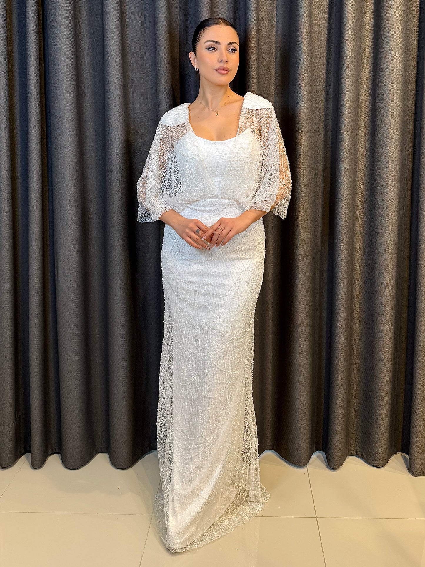 Işıltılı Pudra Pembe Payet İşlemeli Pelerin Kollu Abiye