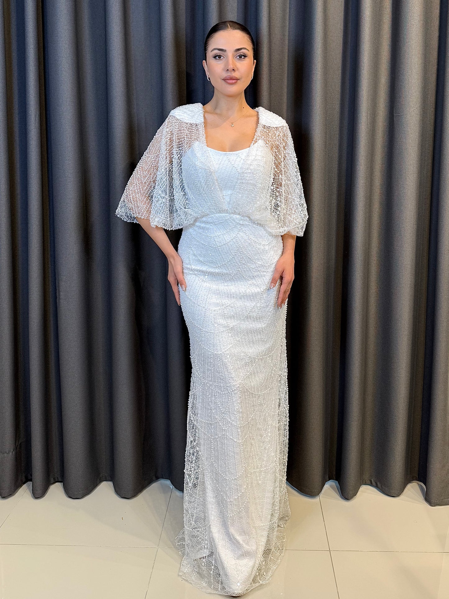 Işıltılı Pudra Pembe Payet İşlemeli Pelerin Kollu Abiye