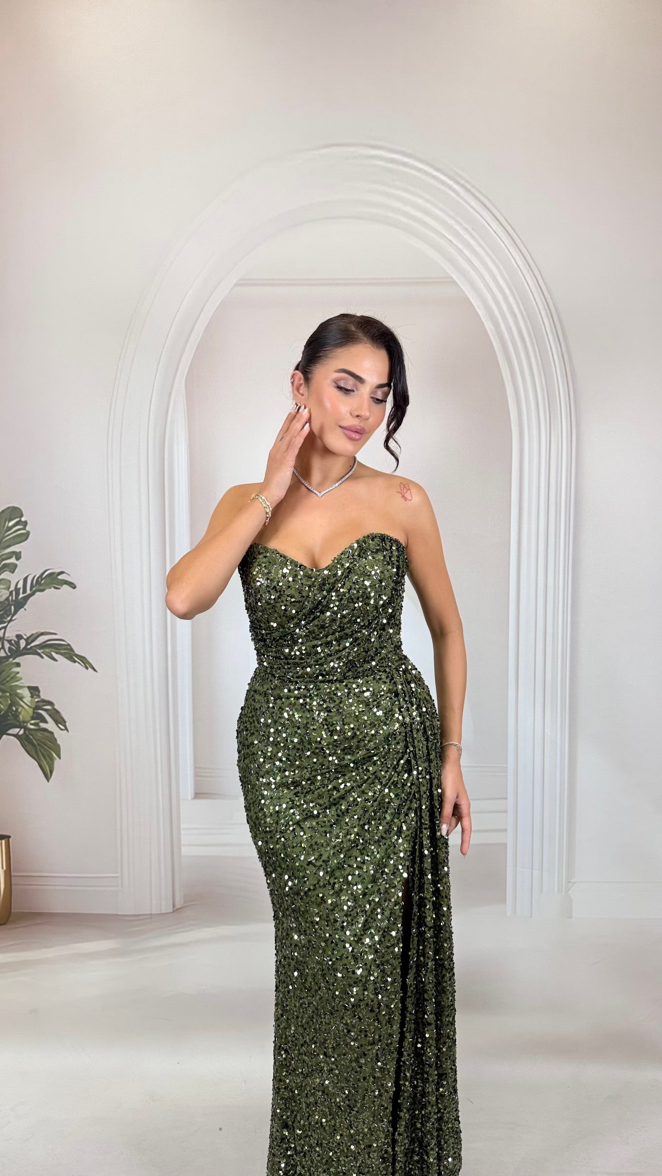 Payetli Straplez Yırtmaçlı Elbise - Haki/Yeşil