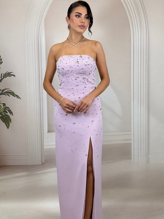 Pudra Straplez Taş İşlemeli Yırtmaçlı Abiye