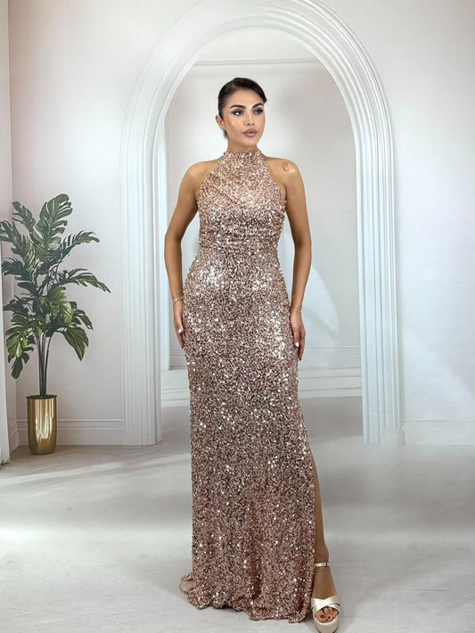 Rose Gold Tamamı Payetli Halter Yaka Balık Model Abiye