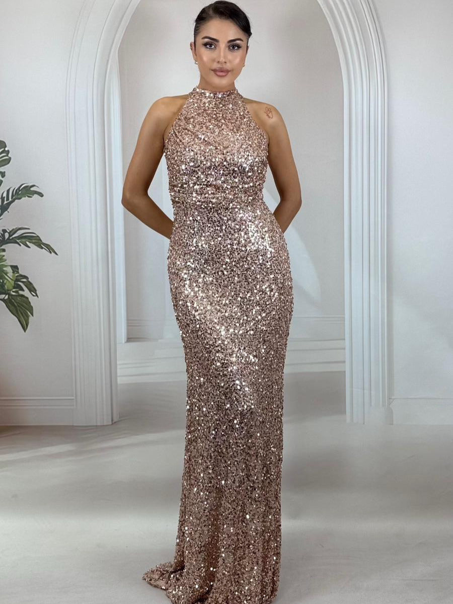 Rose Gold Tamamı Payetli Halter Yaka Balık Model Abiye