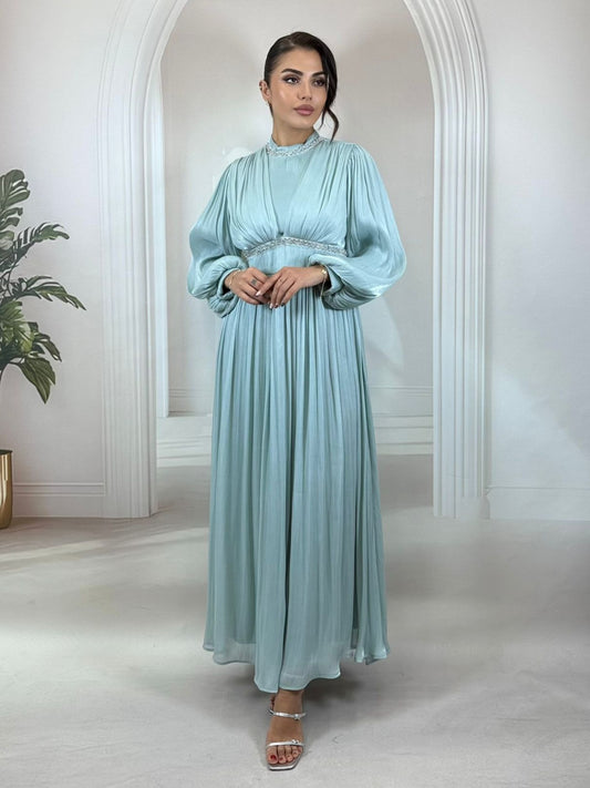 Su Yeşili  Pli Detaylı Parlak Kumaş Şık Elbise