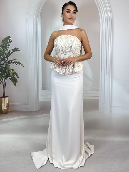 Askısız Korse Formlu İnci İşlemeli Ekru Abiye