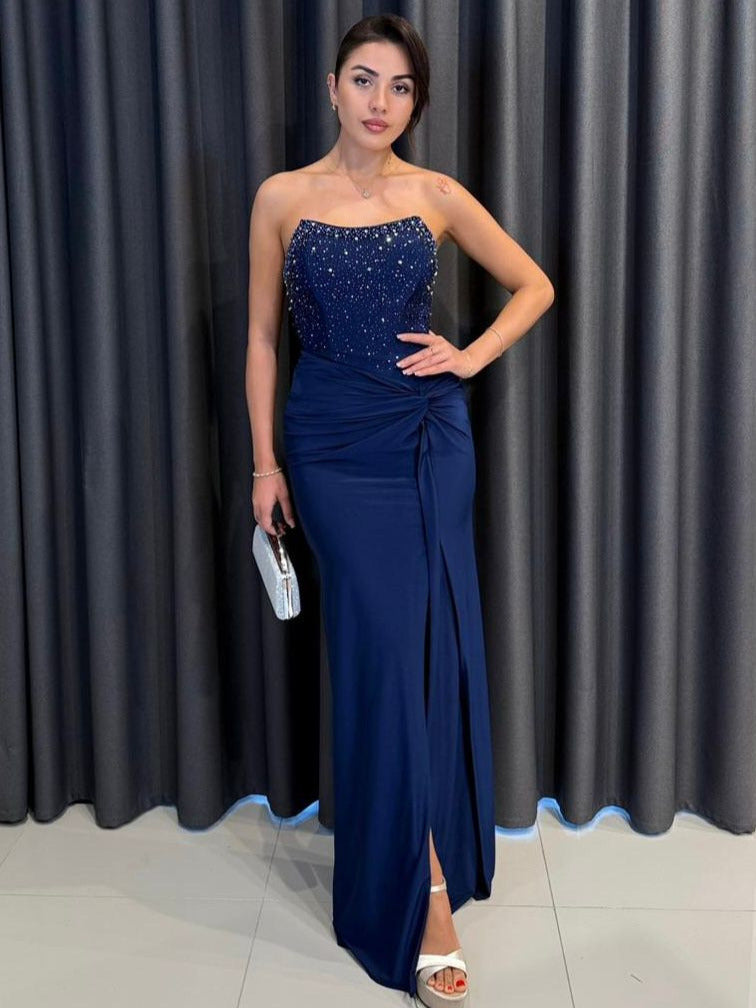 Straplez Taş İşlemeli Siyah Esnek Abiye