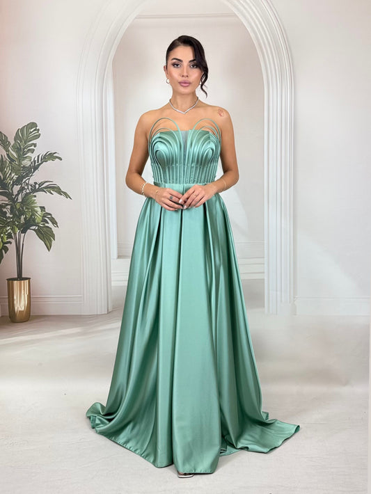 Su Yeşili Heykelsi Büstiyer Detaylı Saten Abiye Elbise